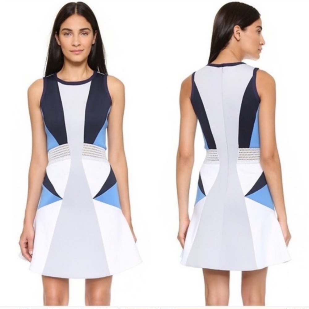 Jonathan Simkhai Colorblock Fit-and-Flare Mini Dress in White, Light Blue, Navy